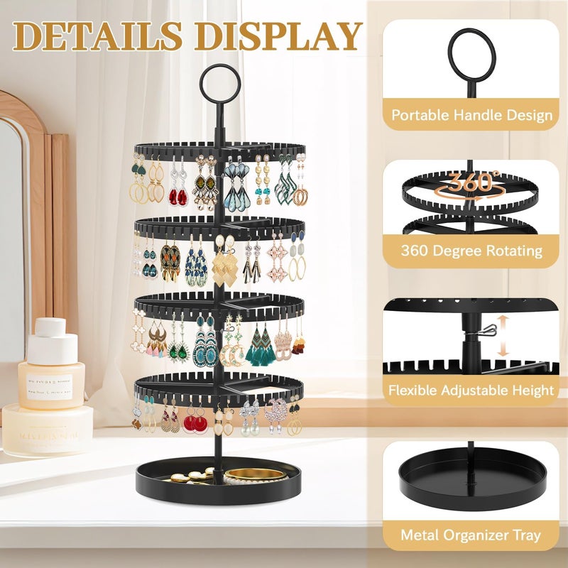 MODOWEY 4 Tier Rotating Earring Holder Organizer Display Tree with Metal Tray, Adjustable Plastic Stand with 228 Slots for Stud Hoop Hanger, Large Capacity Storage Rack for Women Space Saving, Black - Image 4